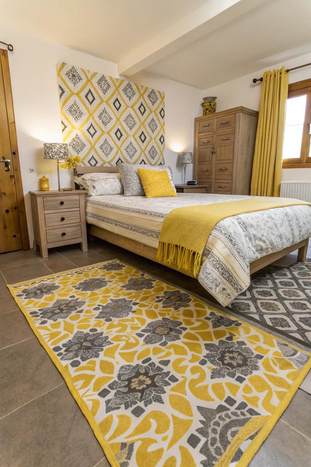 Graphic patterns in yellow and grey bring a playful element to the room.