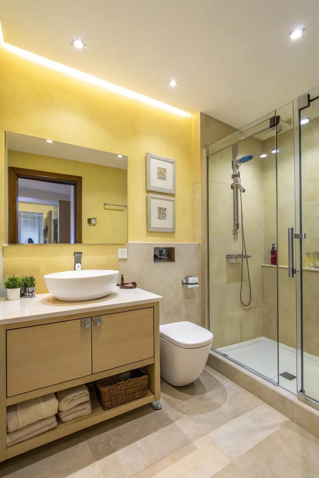 A modern bathroom with soft buttery yellow walls for a calming effect.