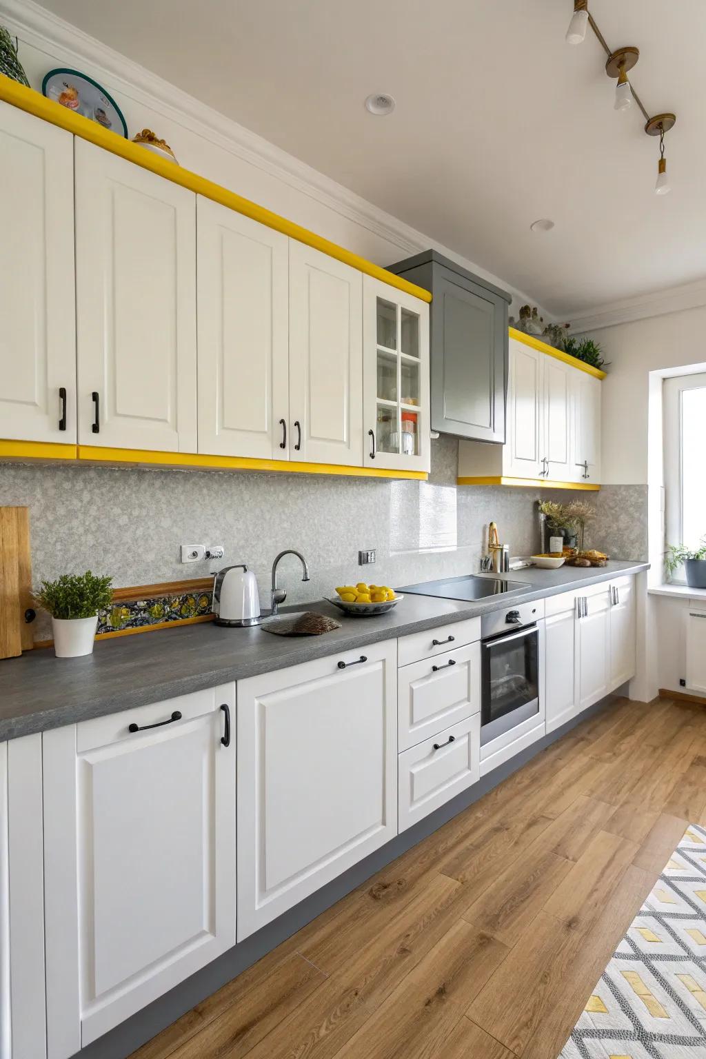 Delicate trims in yellow and grey enhance the beauty of white cabinetry.