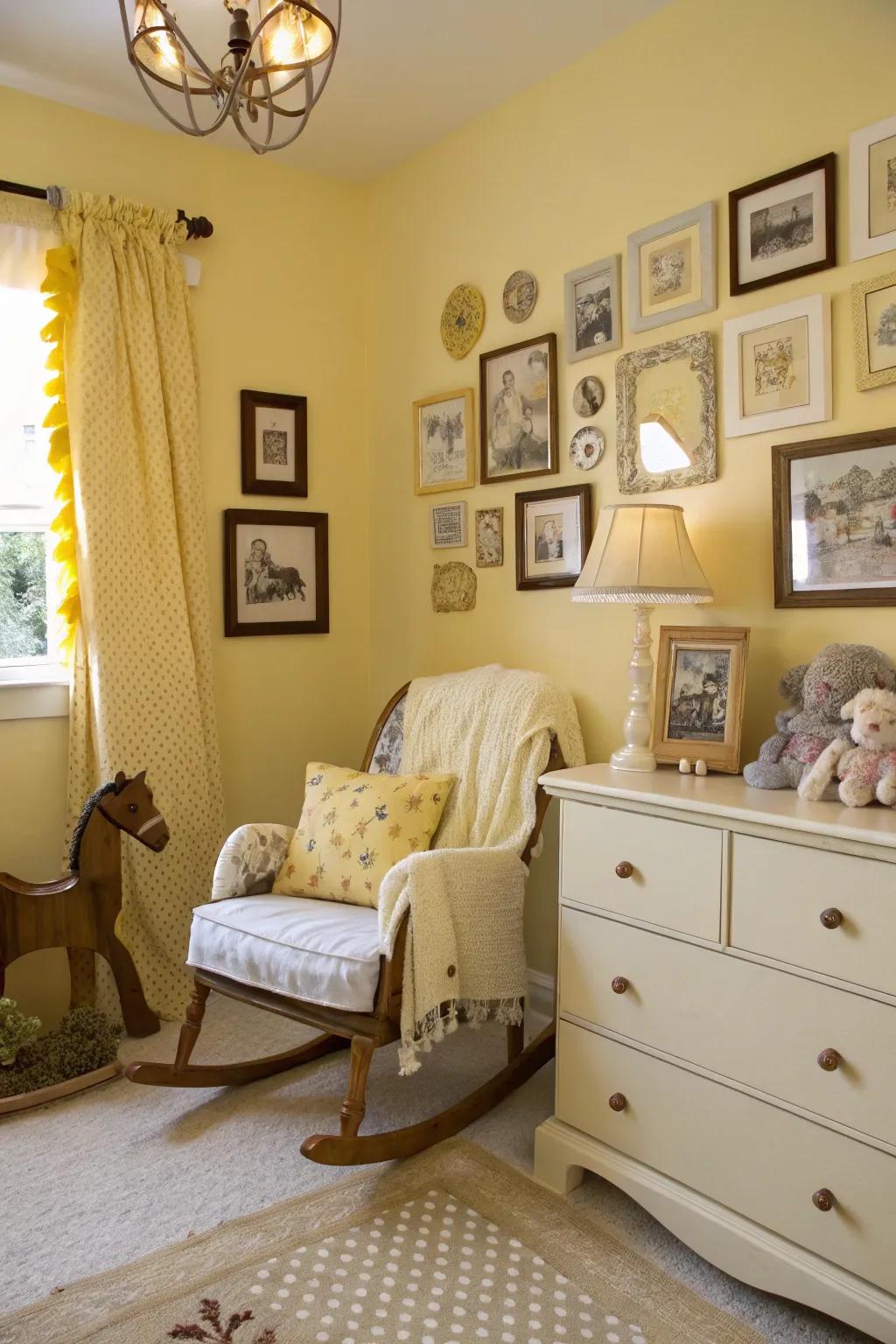 Vintage yellow accents lend a nostalgic and personal touch to this nursery.