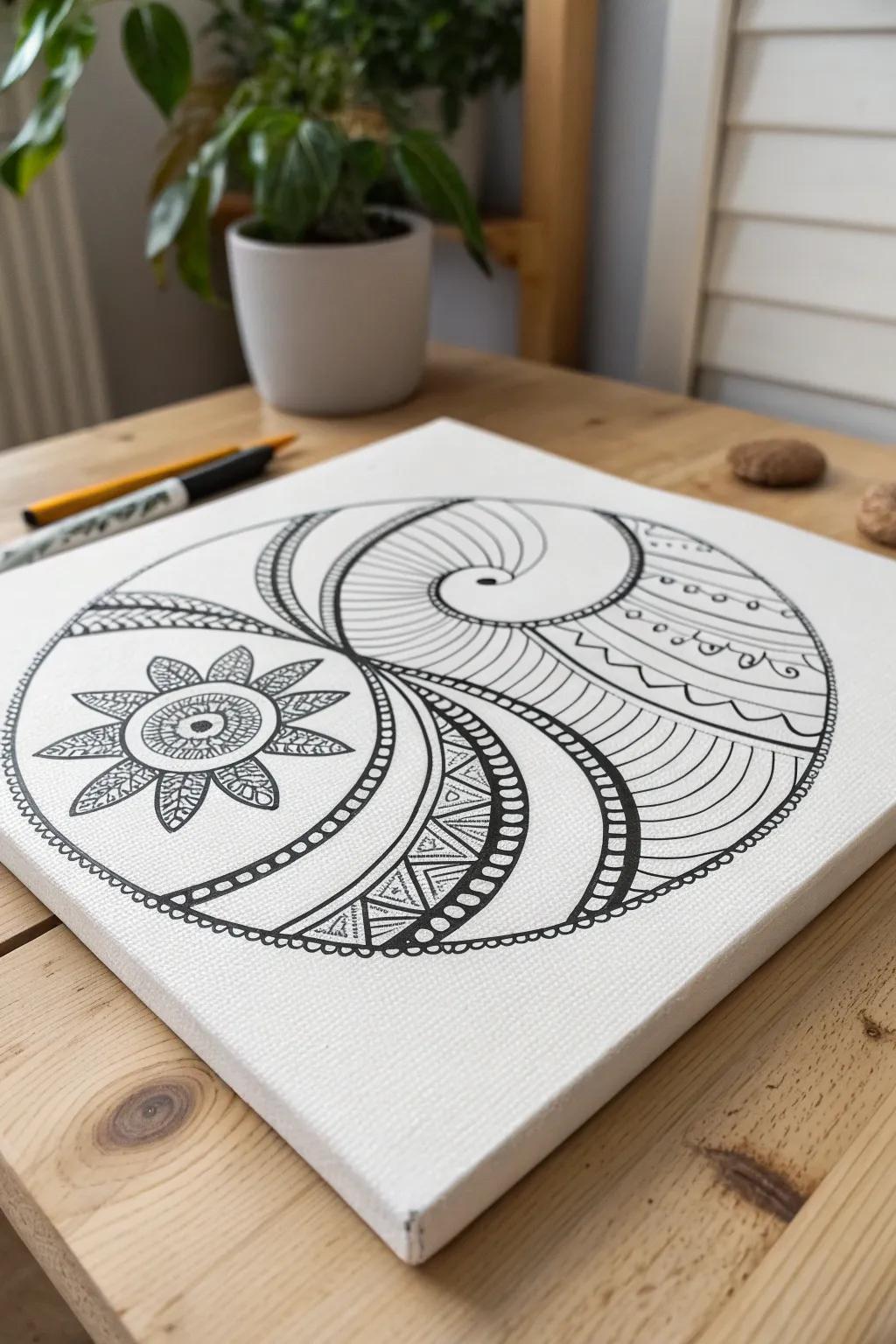 Discover the art of contrast with this elegant Zentangle design that beautifully combines curved and straight lines.