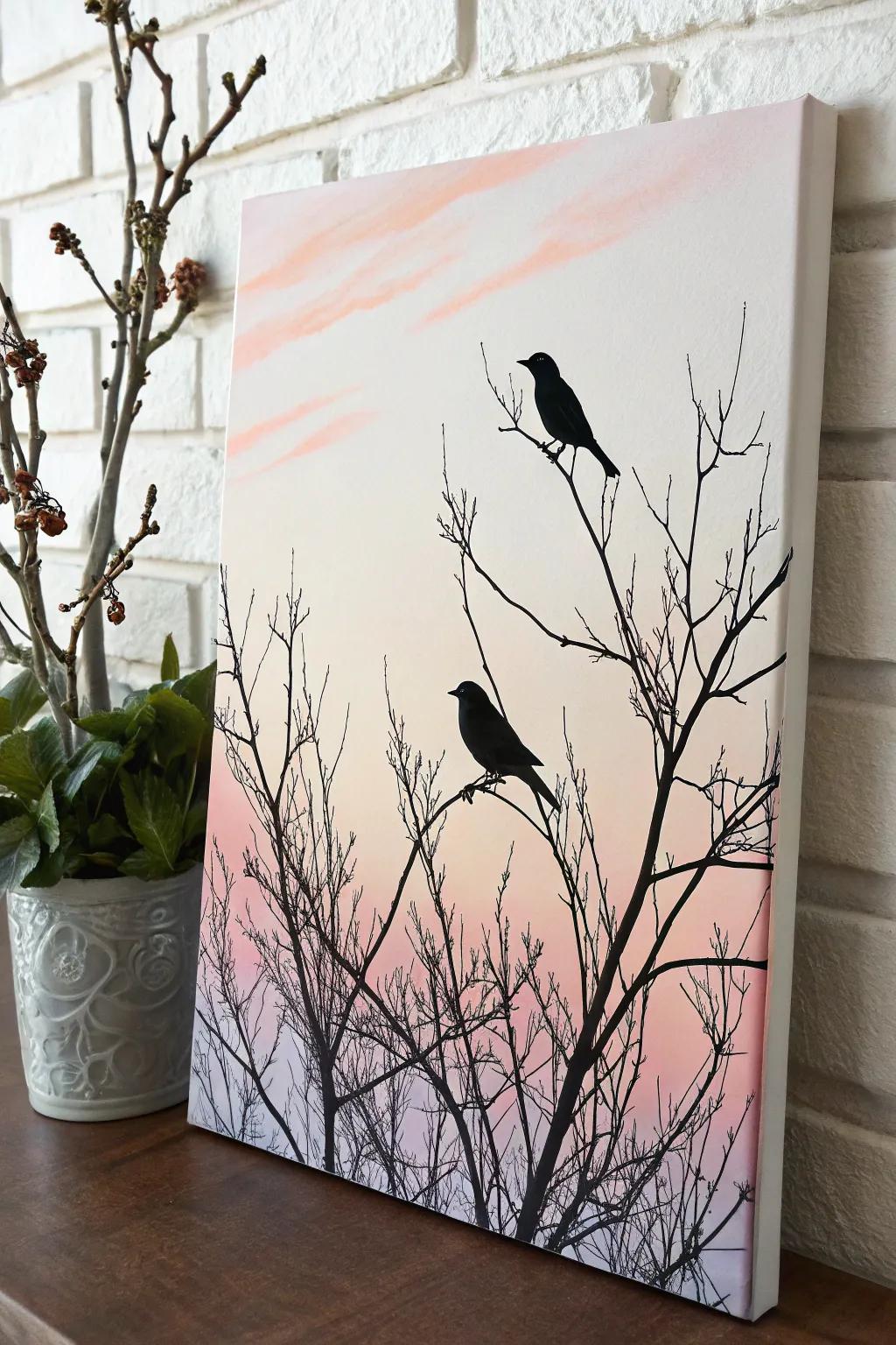 Serenity in Silhouette: Embrace the elegance of minimalist bird art on canvas.