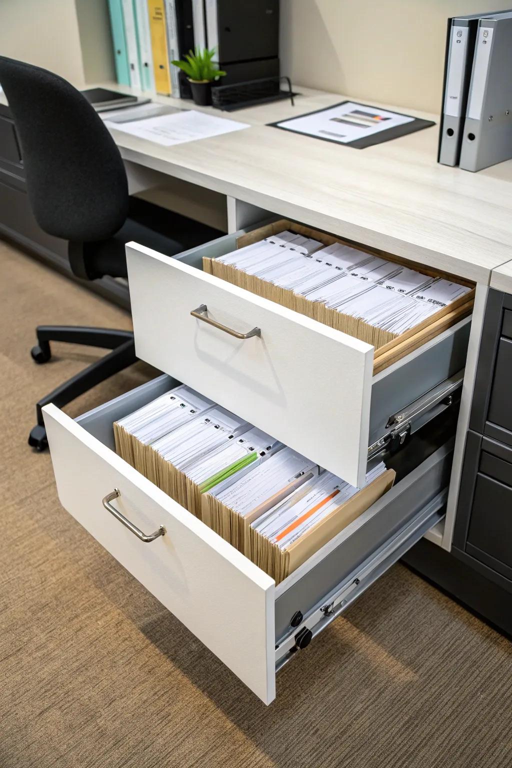 Under-desk drawers are a great way to keep your most-used papers within easy reach.