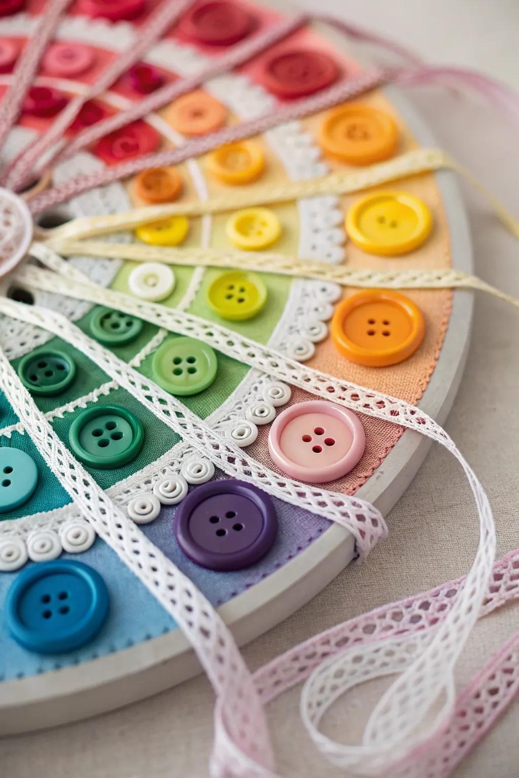 Elevate your crafting with a stunning 3D color wheel made from buttons and ribbons. A perfect blend of color and texture for a creative touch!
