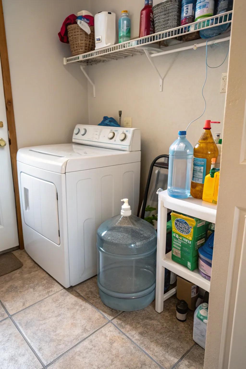 A hidden nook in the laundry room for water jug storage.