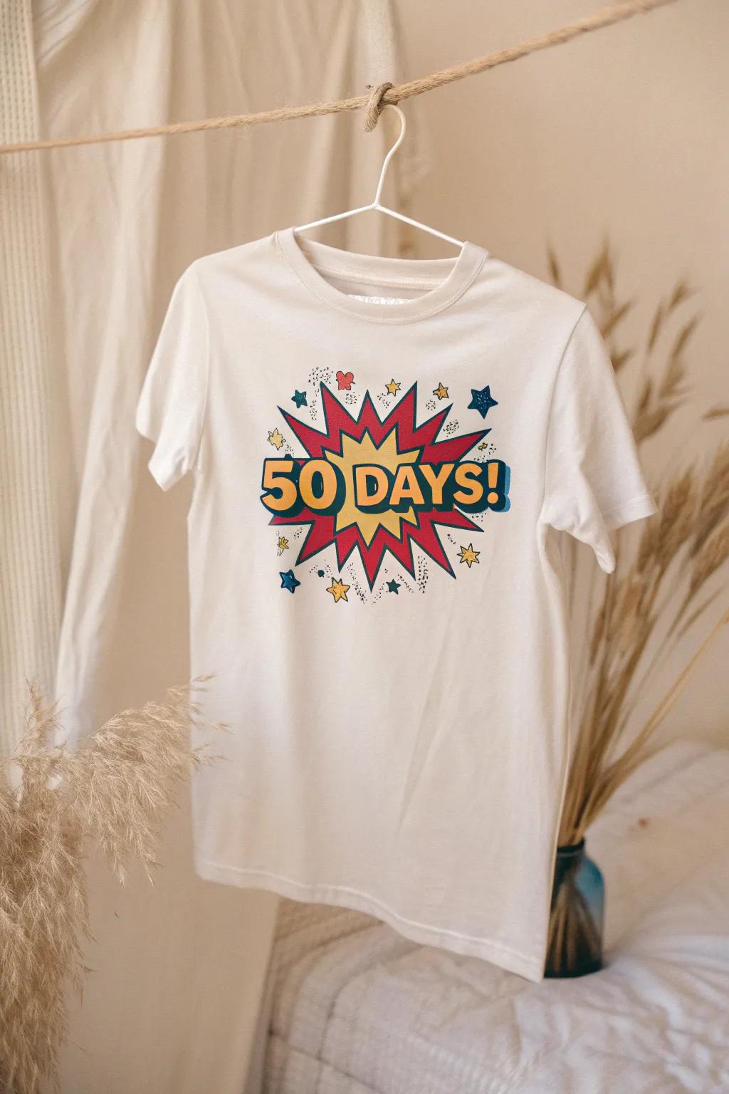 Unleash your inner superhero with this stylish 50 Days of School t-shirt, blending comic book flair with Scandinavian simplicity.