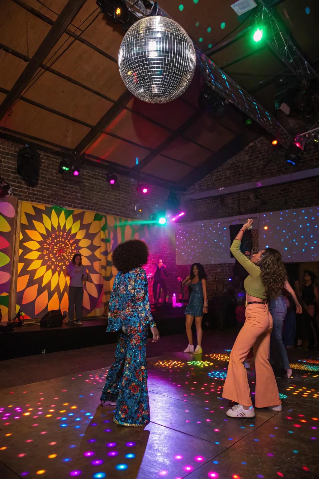 A vibrant retro disco party setup.