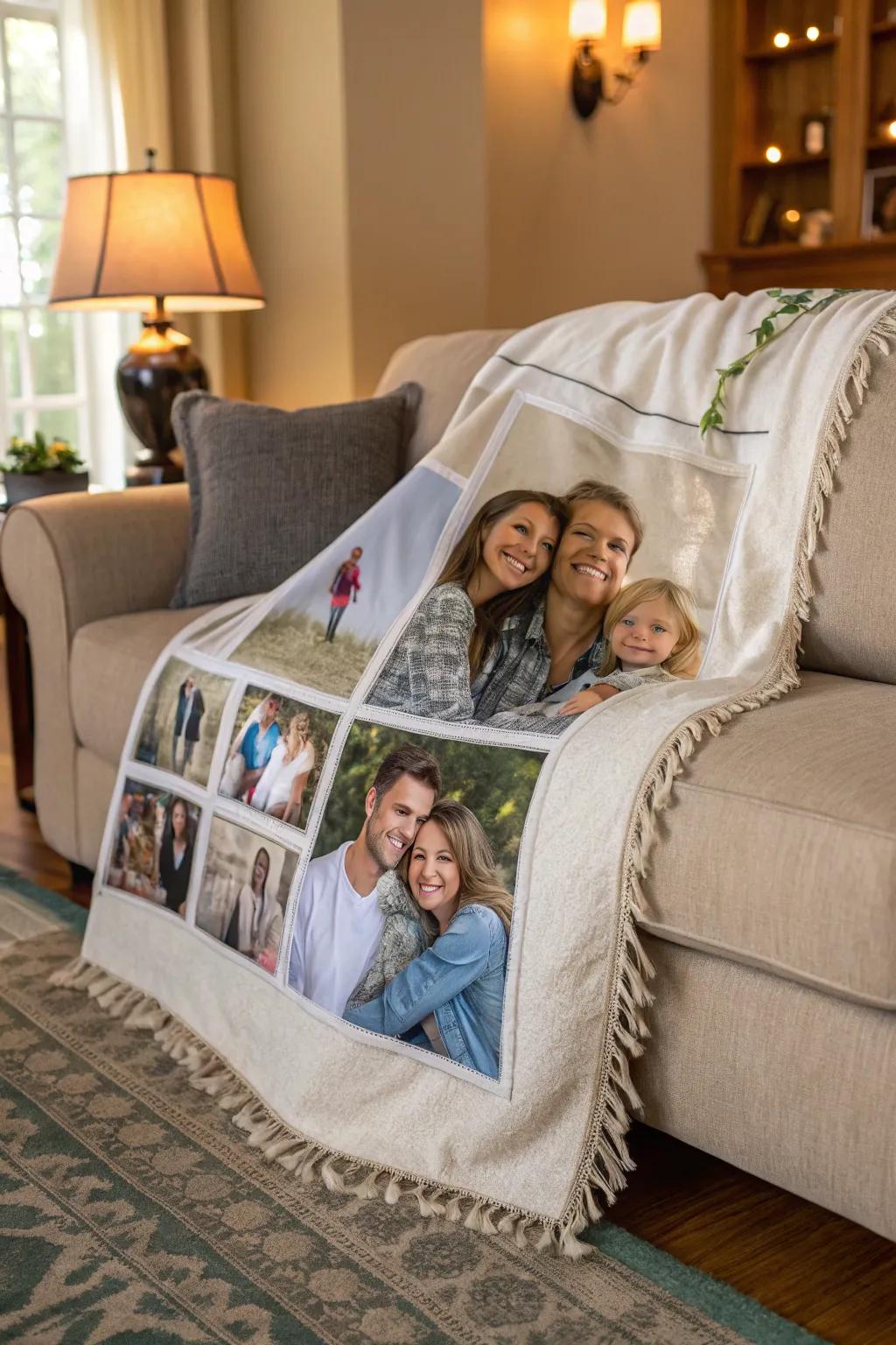 A personalized blanket showcasing cherished family photos.