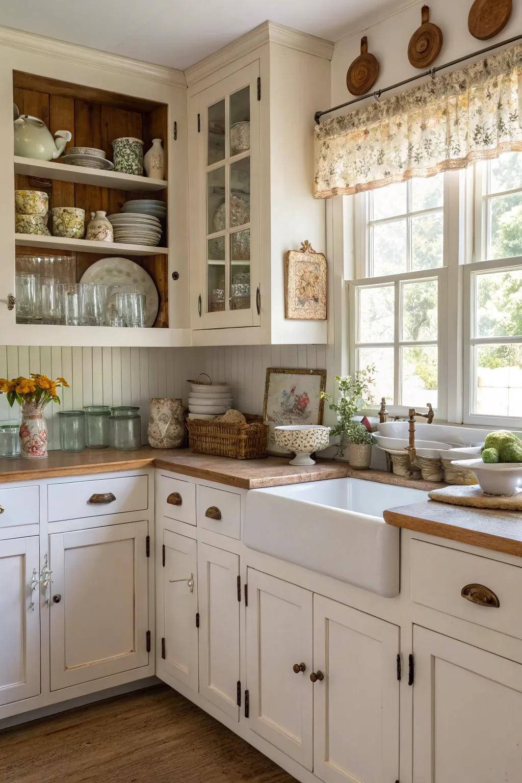 Vintage finds above cabinets add rustic charm and personality.