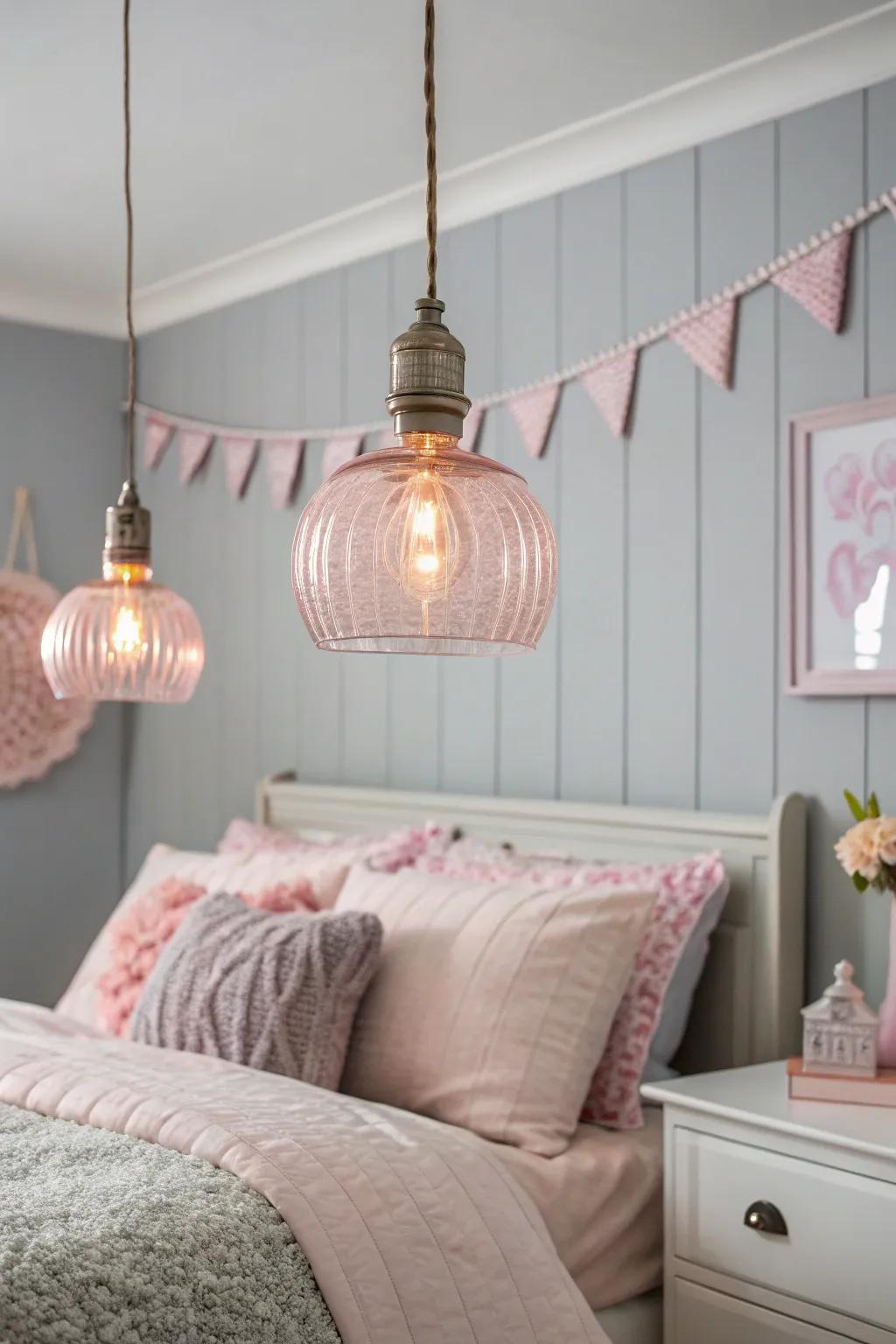 Pink glass pendant lights add elegance and warmth to the room.