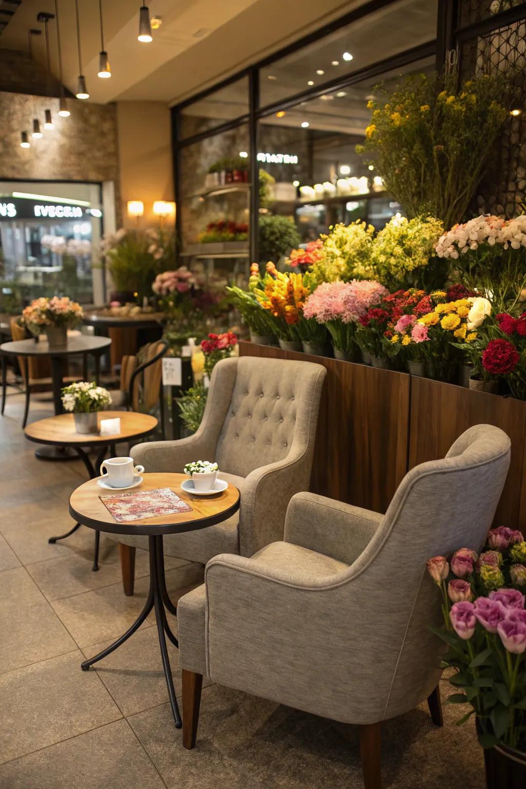 Cozy corner in a flower shop for customer relaxation