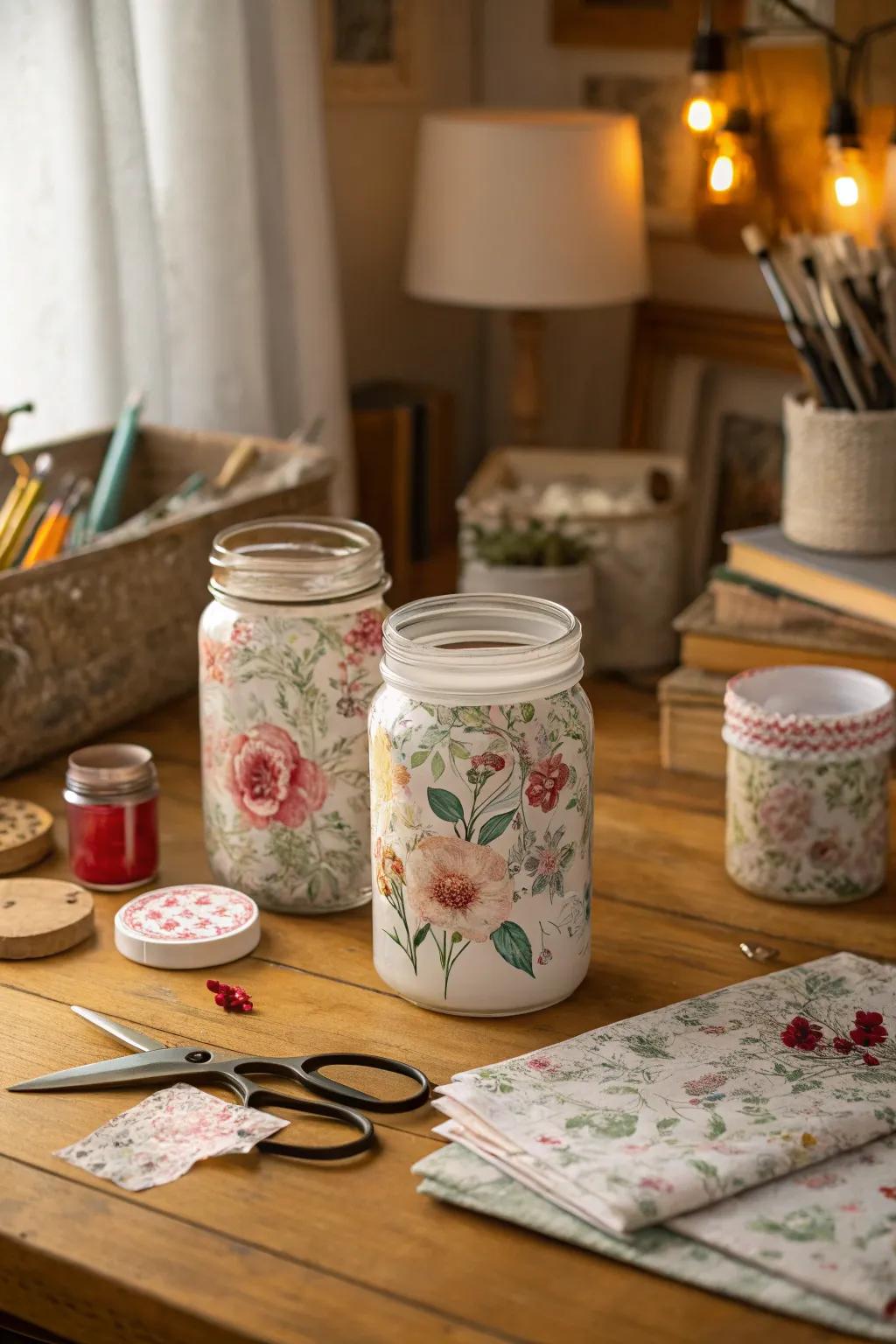 Personalized decoupage jars for a unique touch.