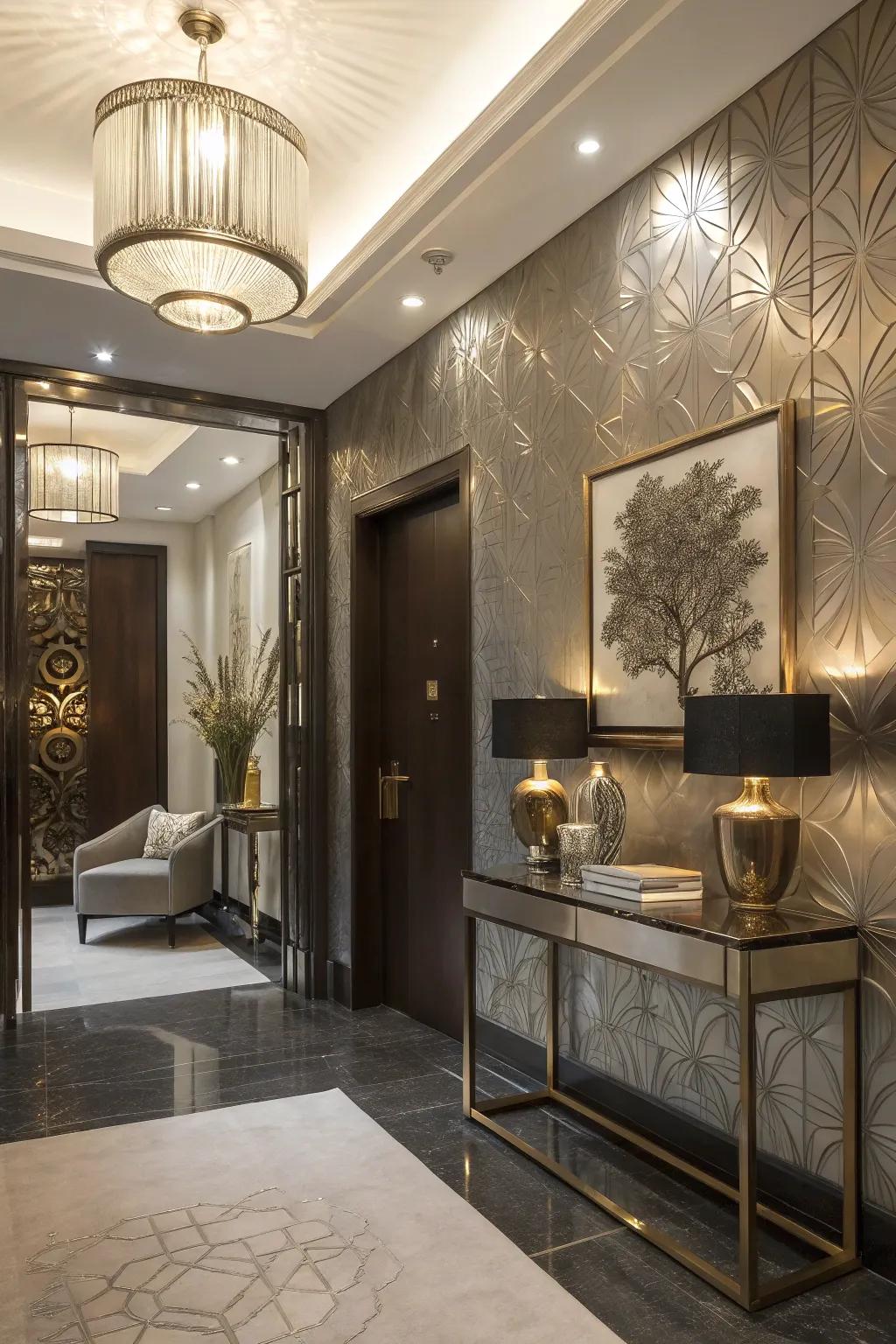 An entryway with metallic wallpaper exuding glam and elegance.