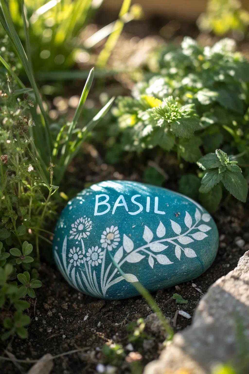 Add a playful touch to your garden with these charming painted rock markers—perfect for identifying your favorite herbs in style!