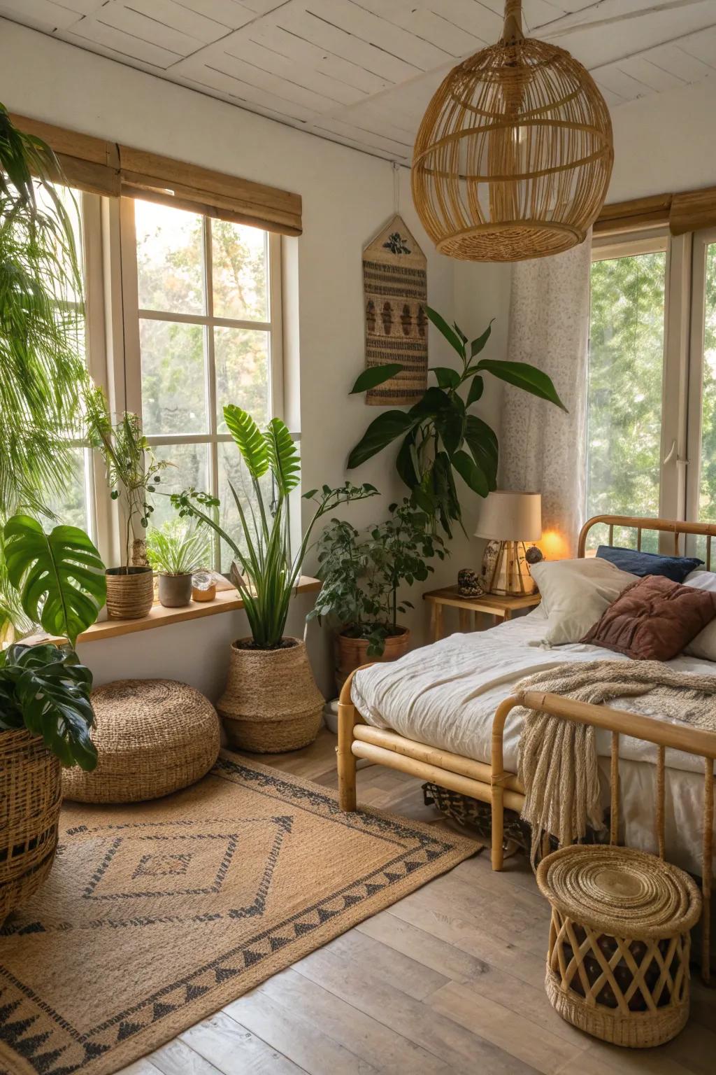 A serene bedroom featuring indoor plants and natural materials like bamboo.