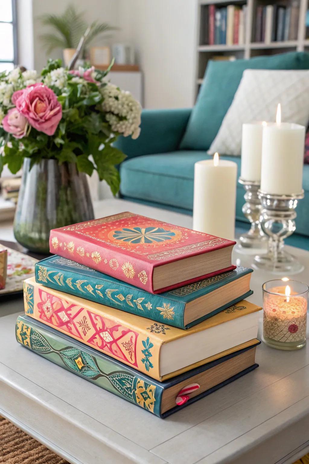 Decorative book stacks add a splash of color and style to any room.