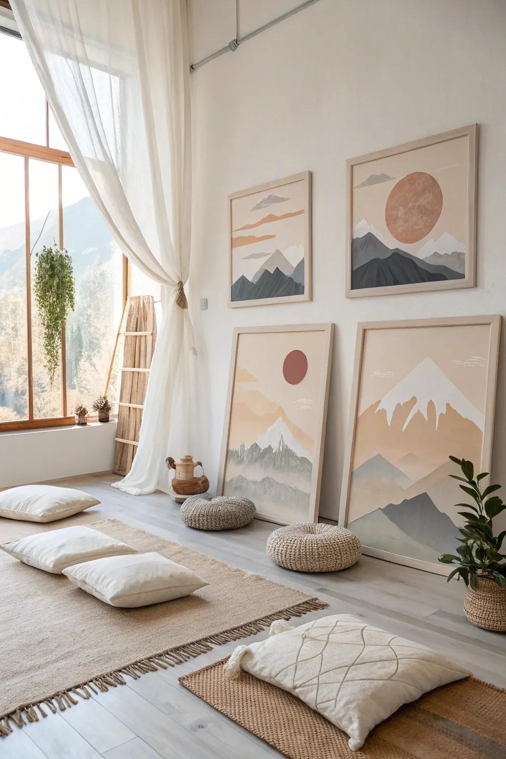 Minimalist mountains create a serene atmosphere.