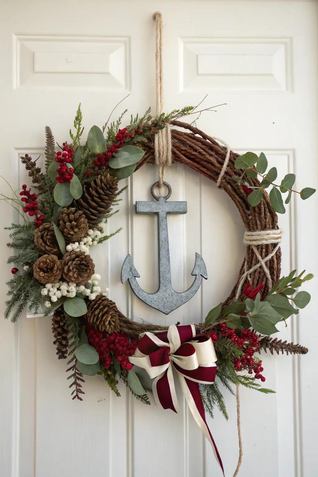 Welcome the season with this elegant anchor wreath, where minimalist design meets festive flair.