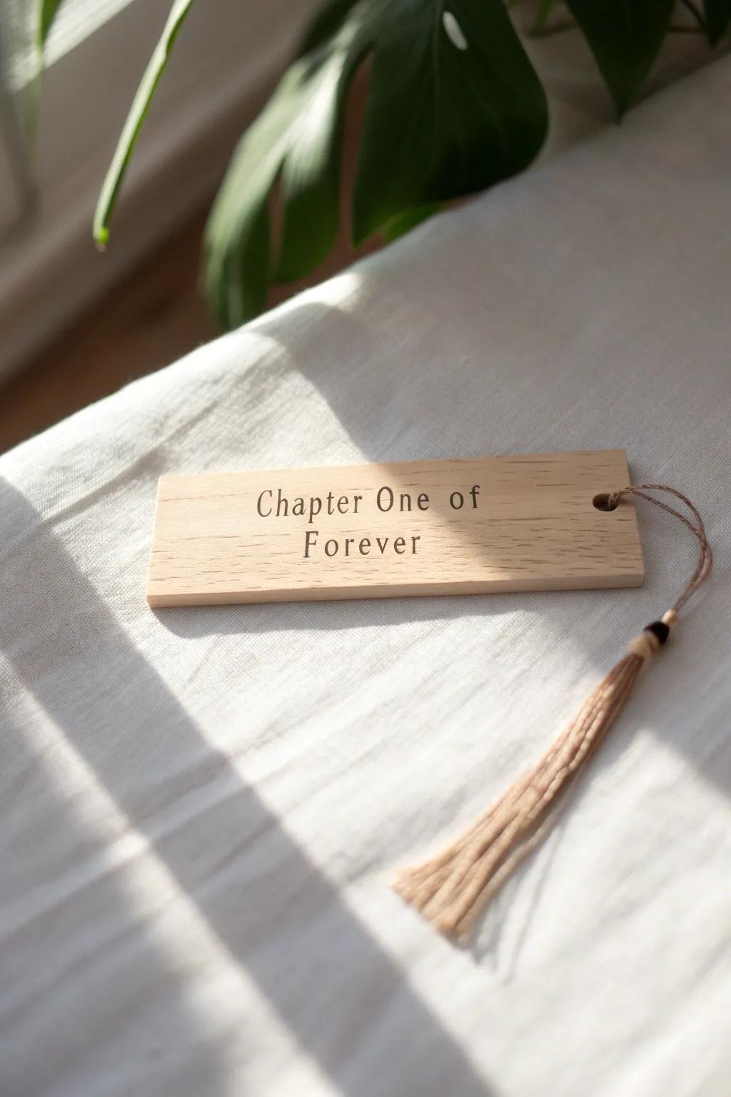 Celebrate your love story with a timeless token: 'Chapter One of Forever'.