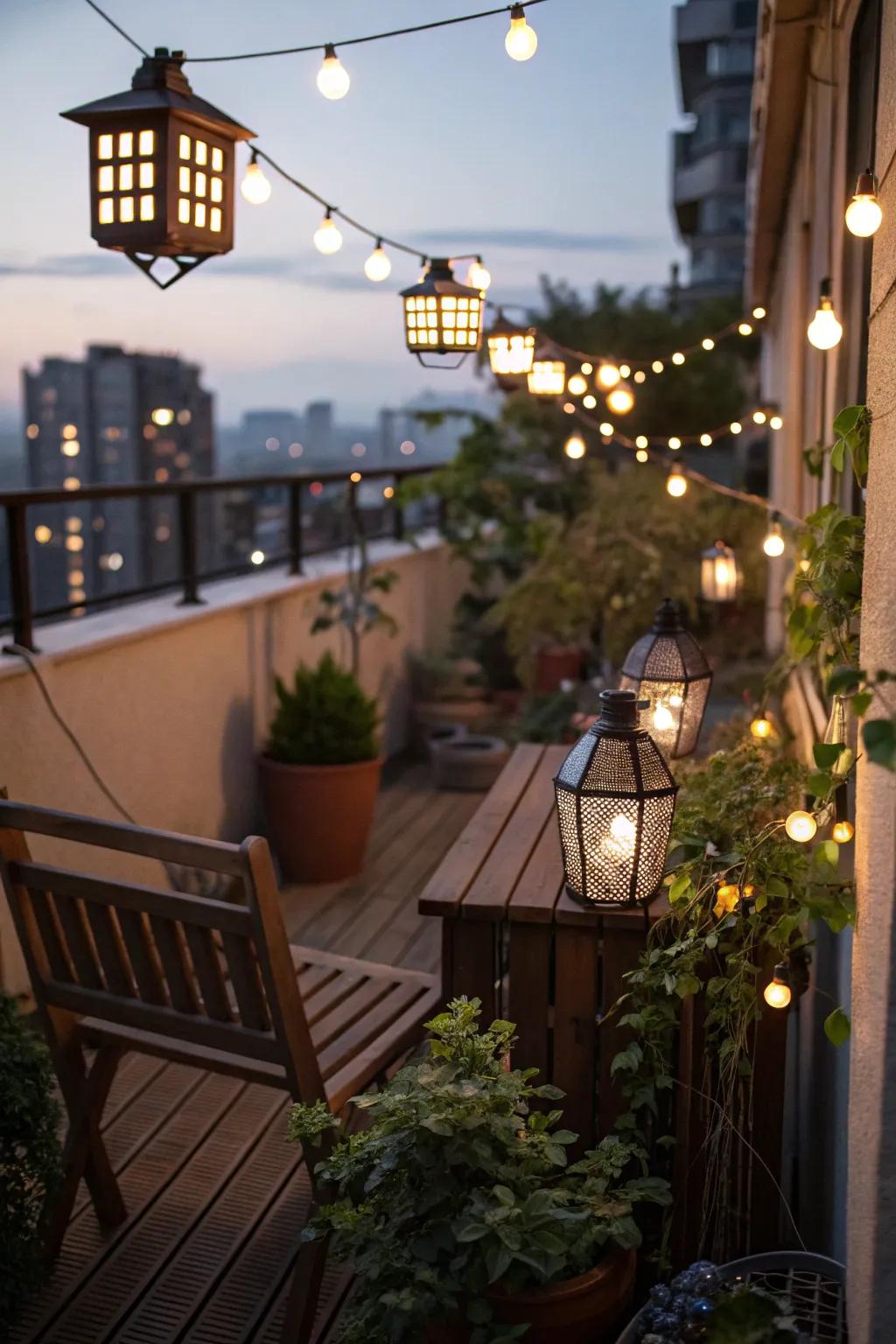 Outdoor lighting adds a warm glow to apartment patios.