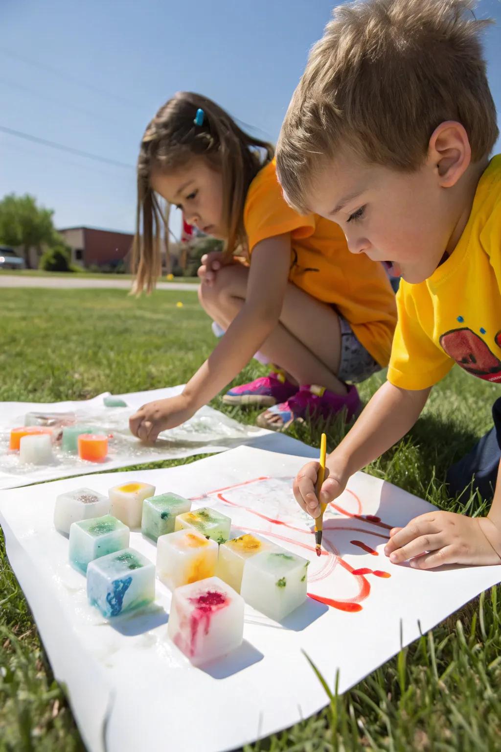 Kids experimenting with ice painting, watching the colors blend beautifully as the ice melts.