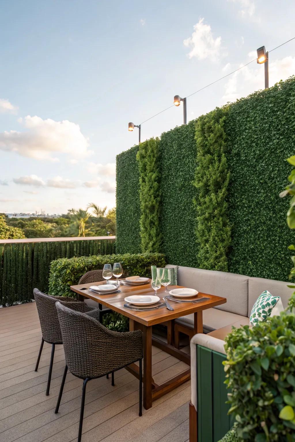 Create an elegant dining atmosphere with an artificial hedge backdrop.