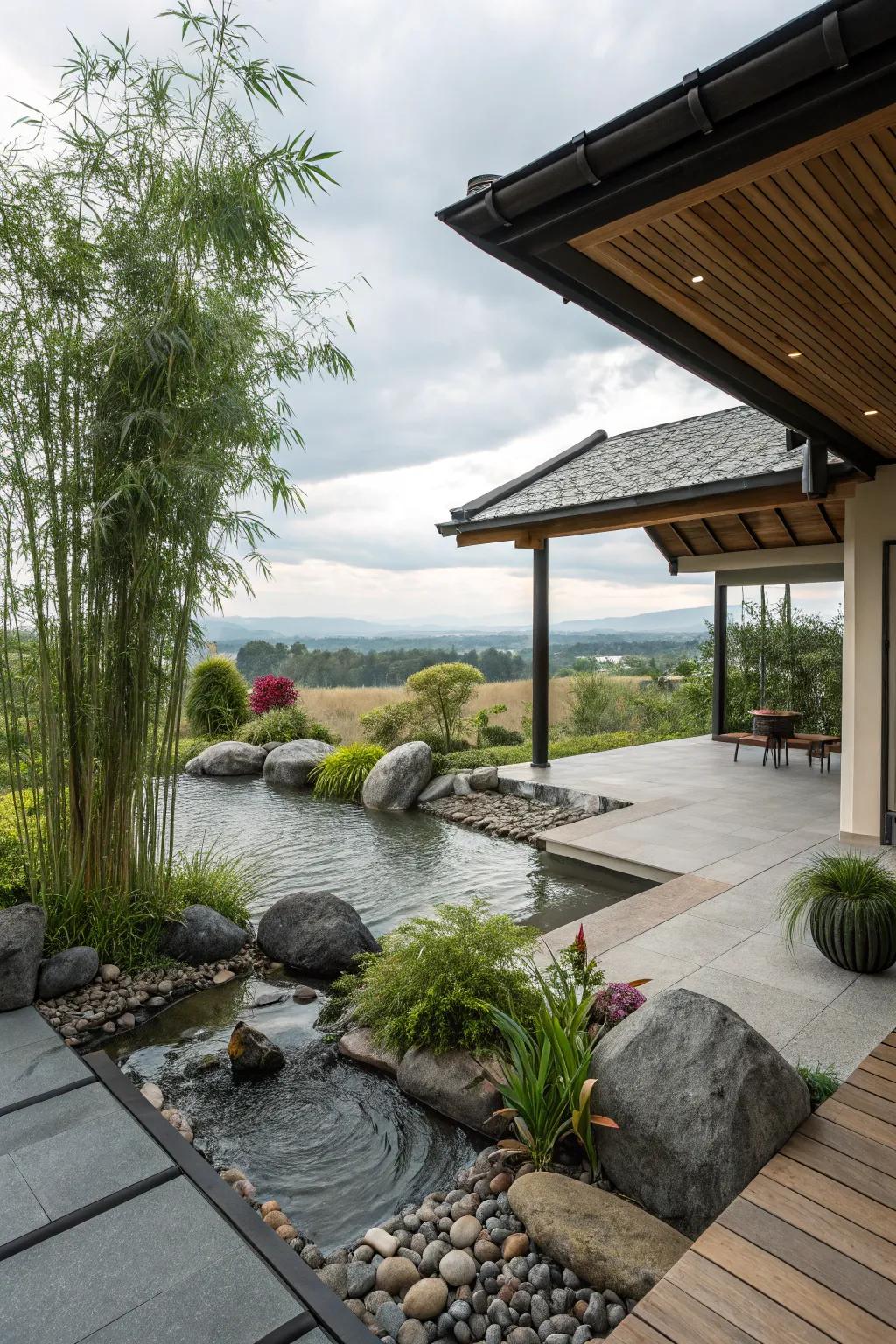 Serenity in a Zen garden setting with calming features.