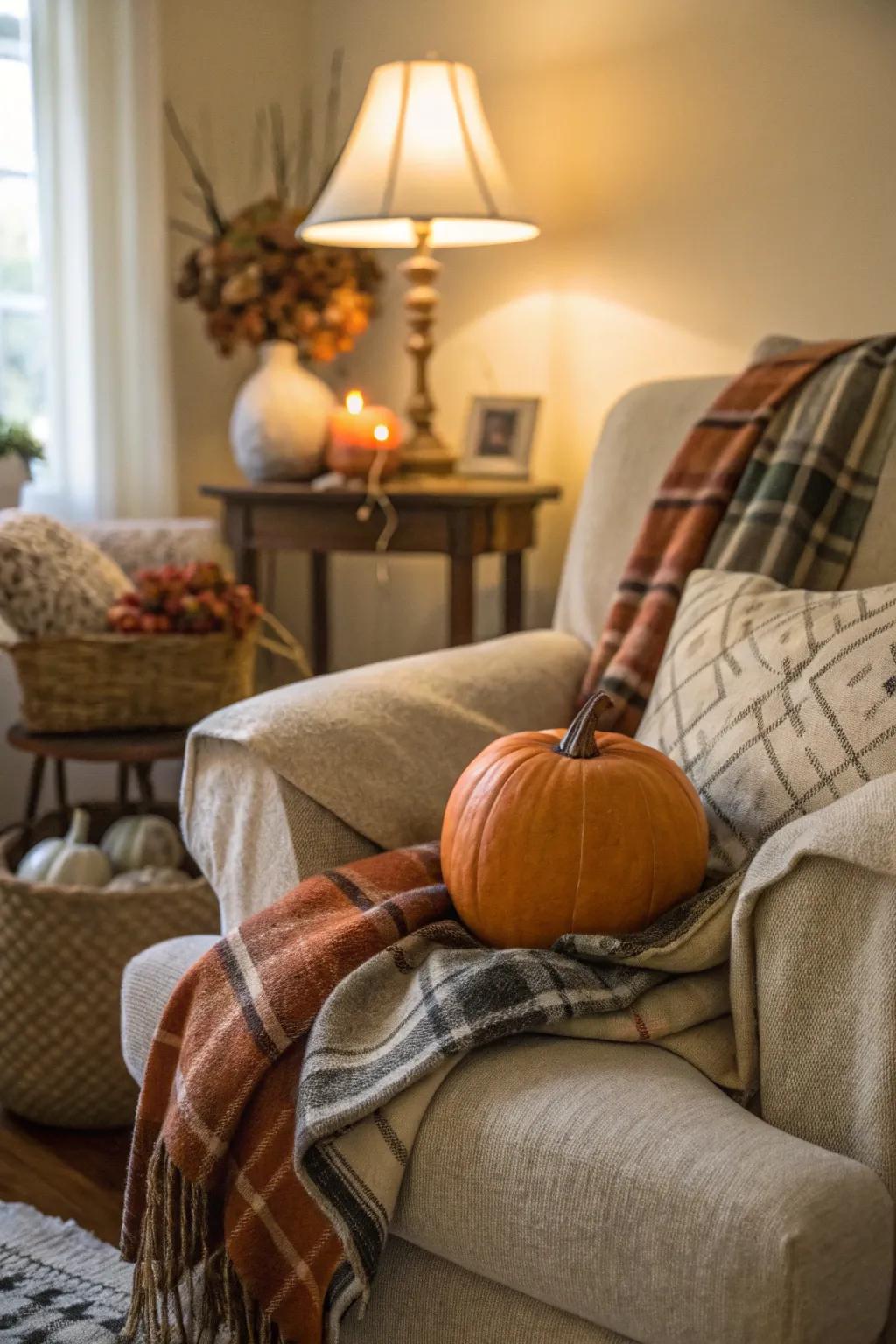 A fabric-wrapped pumpkin adding a cozy touch to home décor.