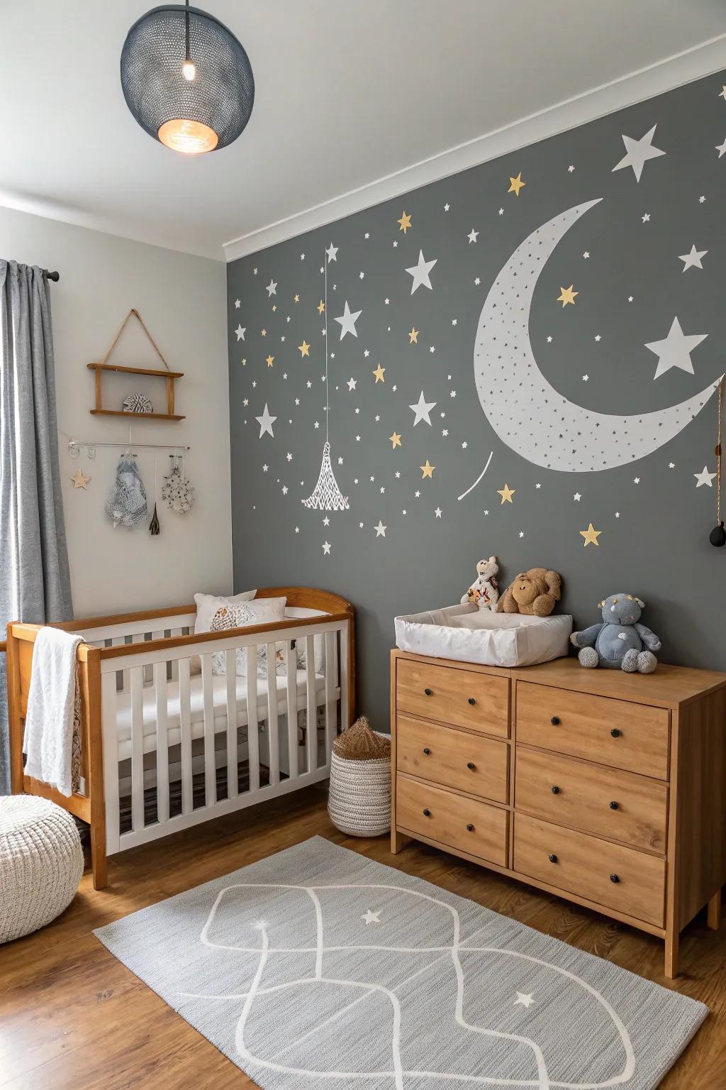 A celestial-themed nursery with a calming grey and white palette.