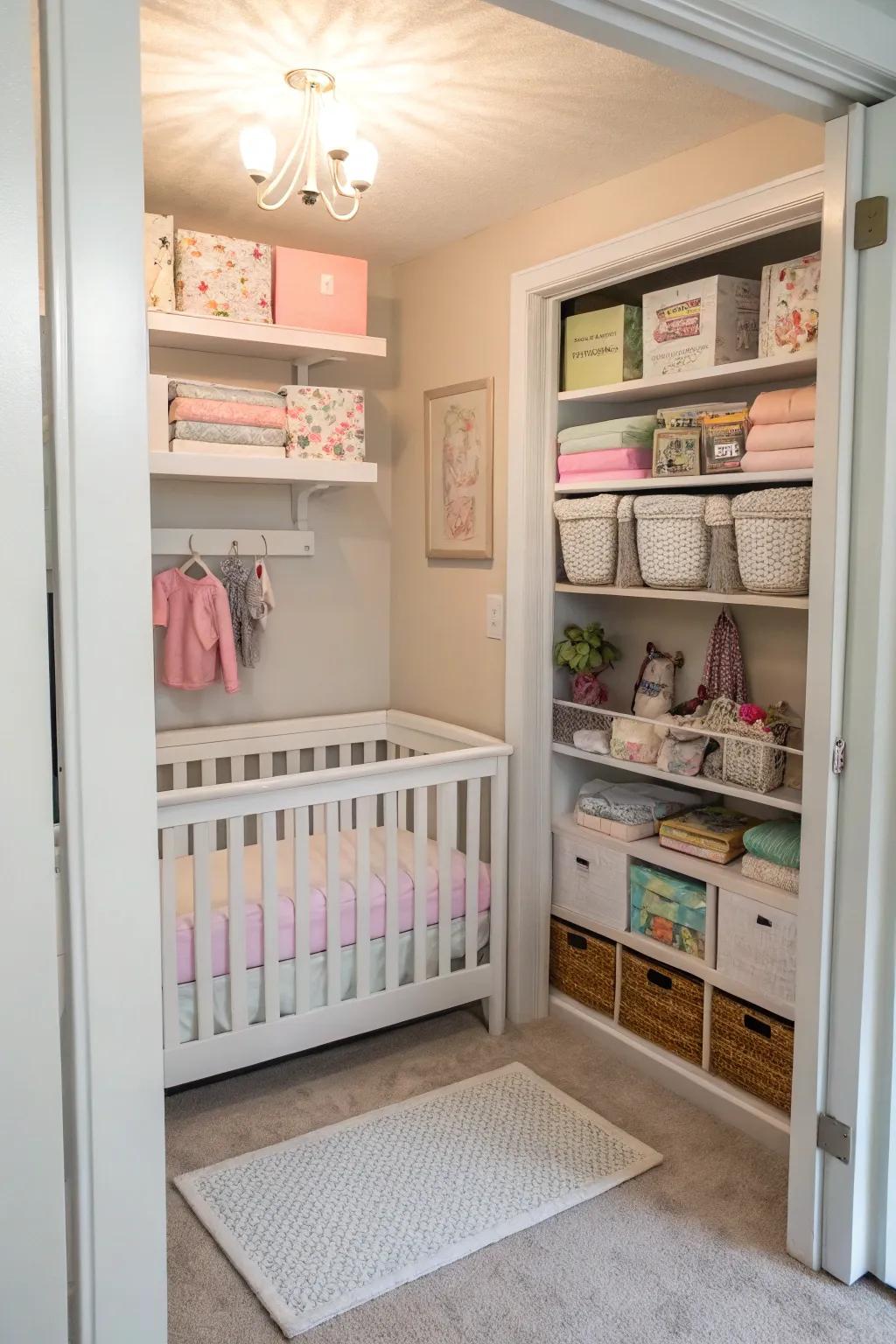 A closet can be transformed into a cozy, functional space for a baby.