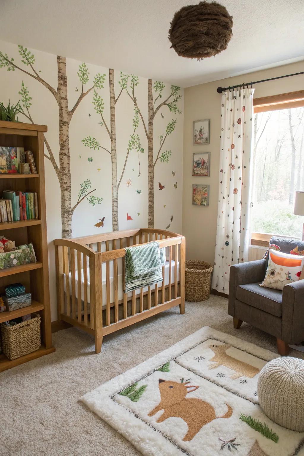 Themed decor provides a cohesive and personalized nursery look.