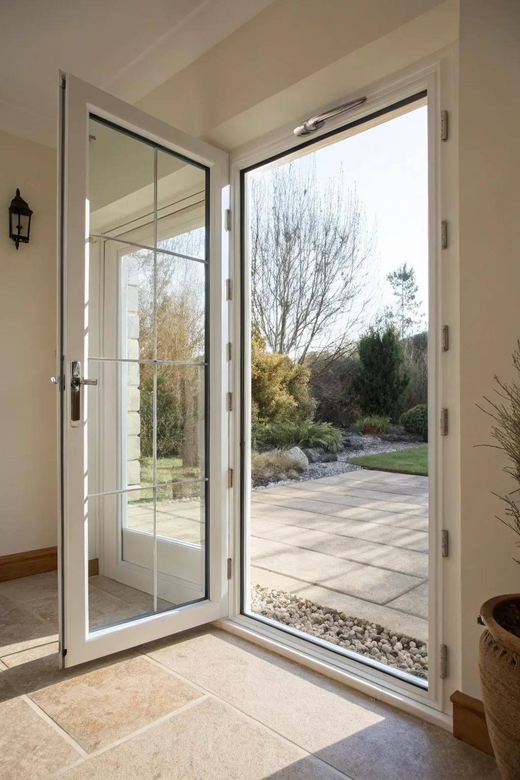 Glass panel doors brighten interiors and create a sense of openness.