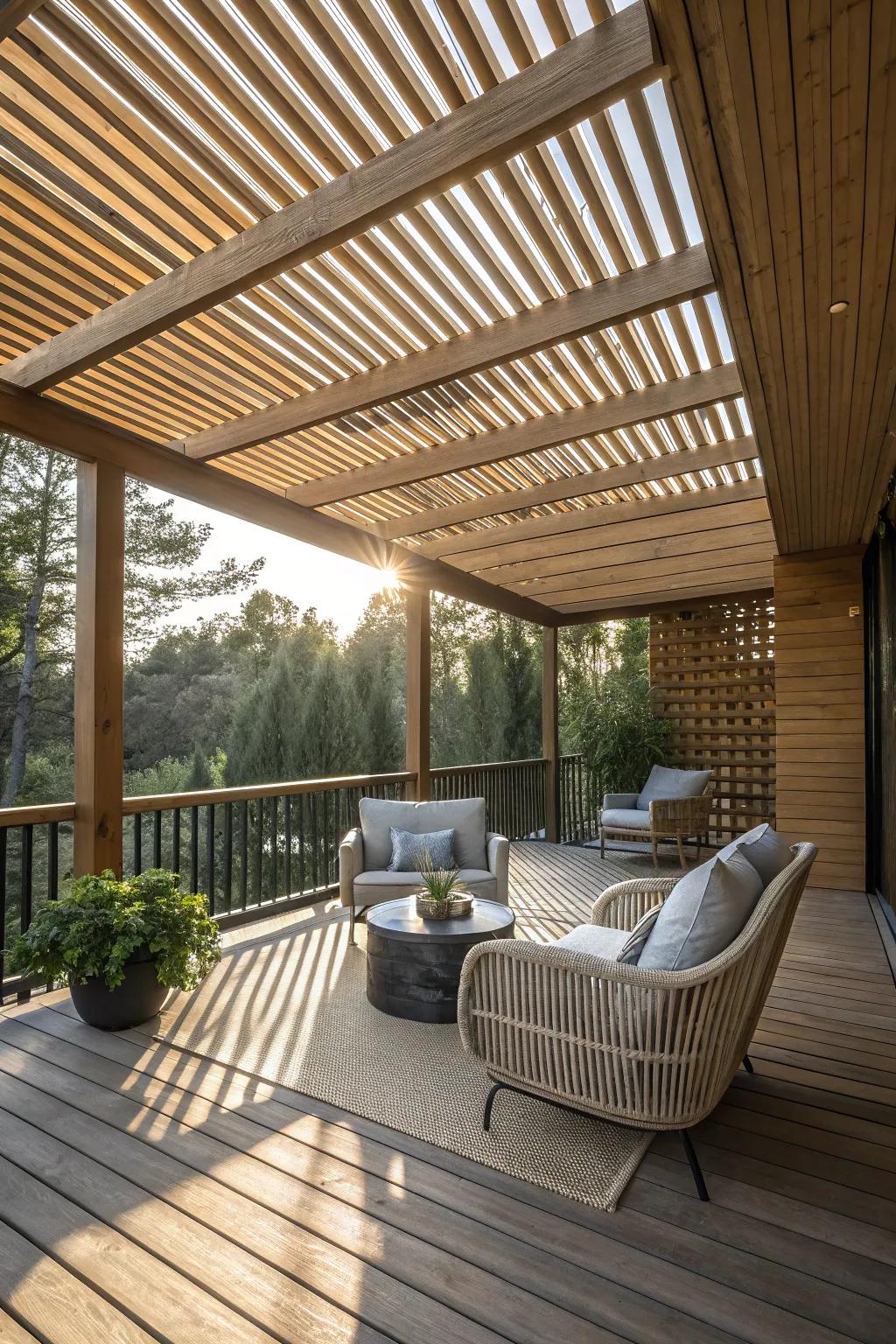 Wooden slatted roofs blend modern style with natural light.