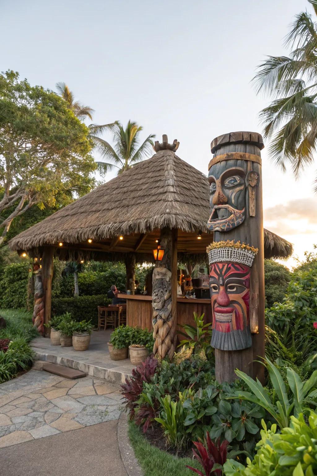 Tiki masks and statues add cultural character to your hut.