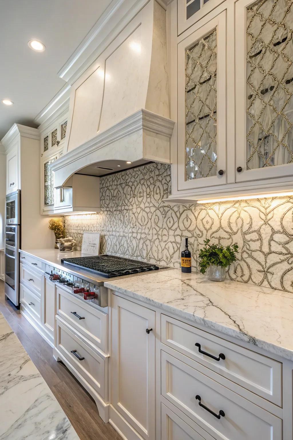 Marble and tiles work together for an opulent kitchen finish.