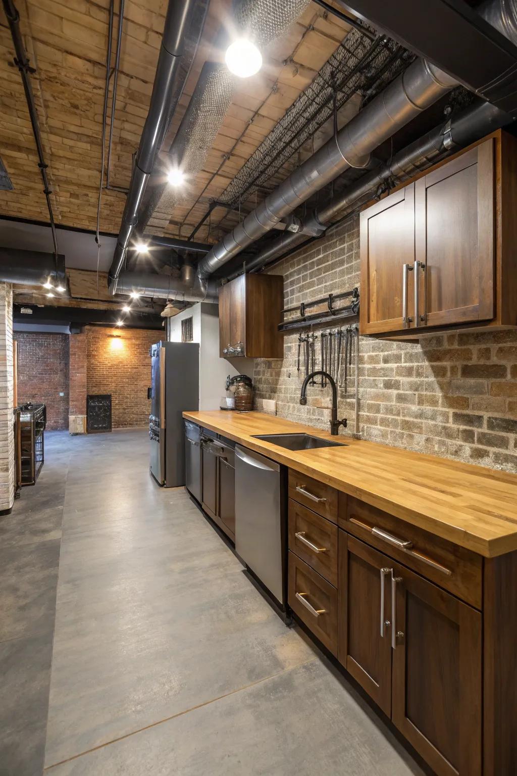 Contrasting materials add depth and interest to a basement kitchen.