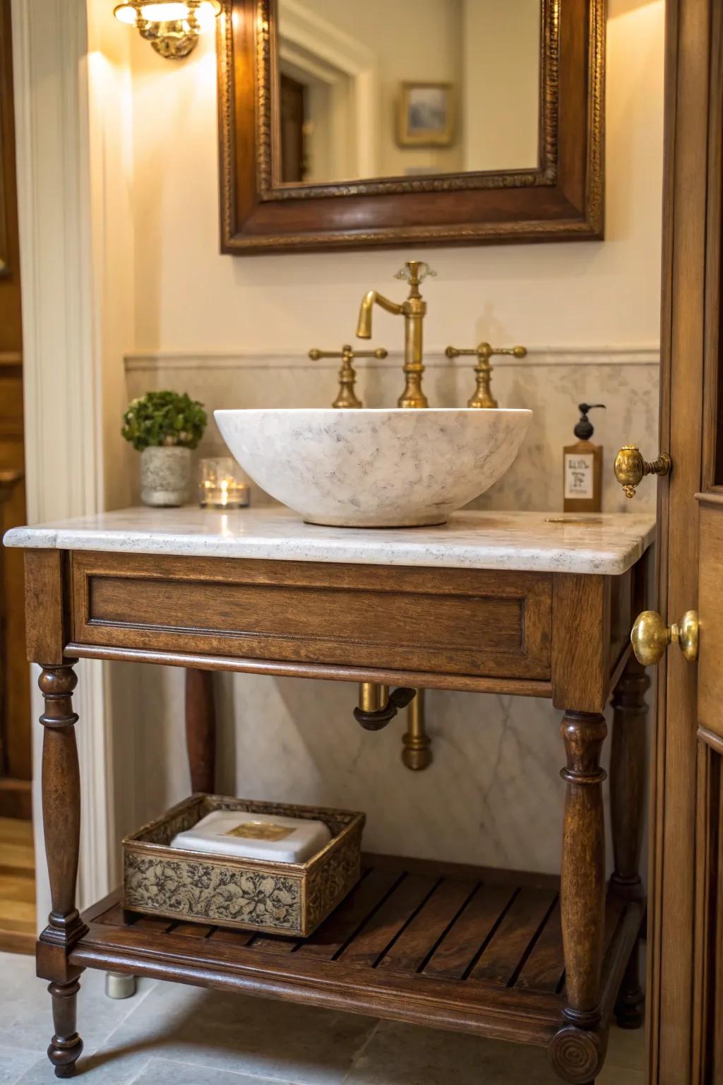 An antique console table in an alcove adds vintage charm to your bathroom.