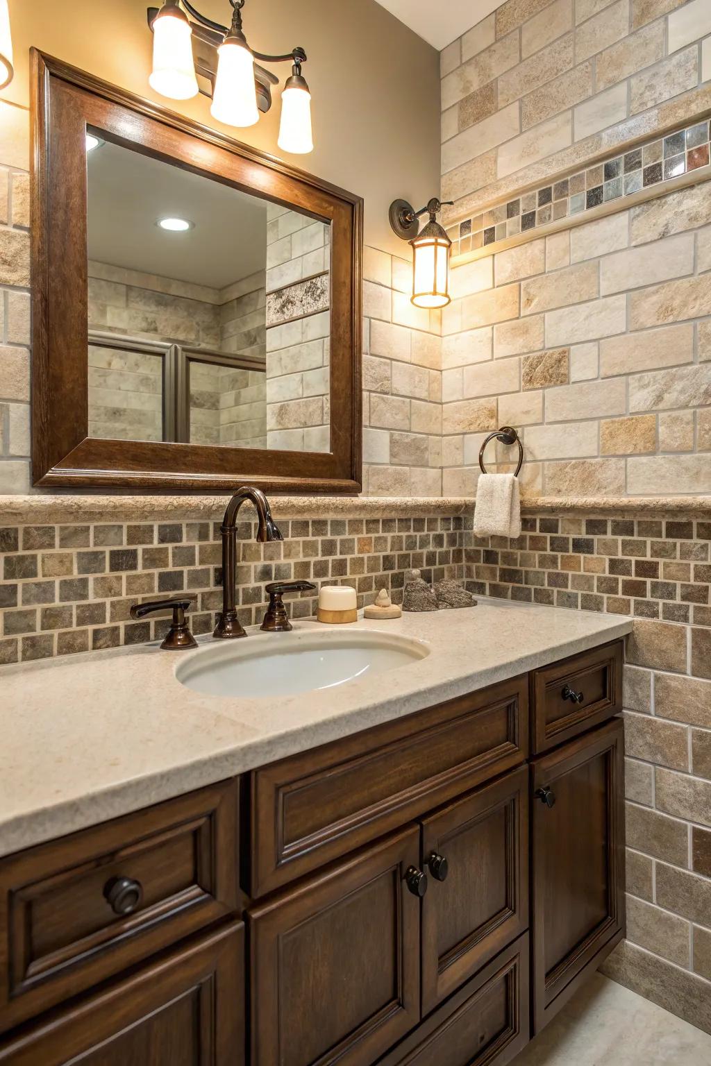 Mix materials like stone and tile for a textured backsplash.