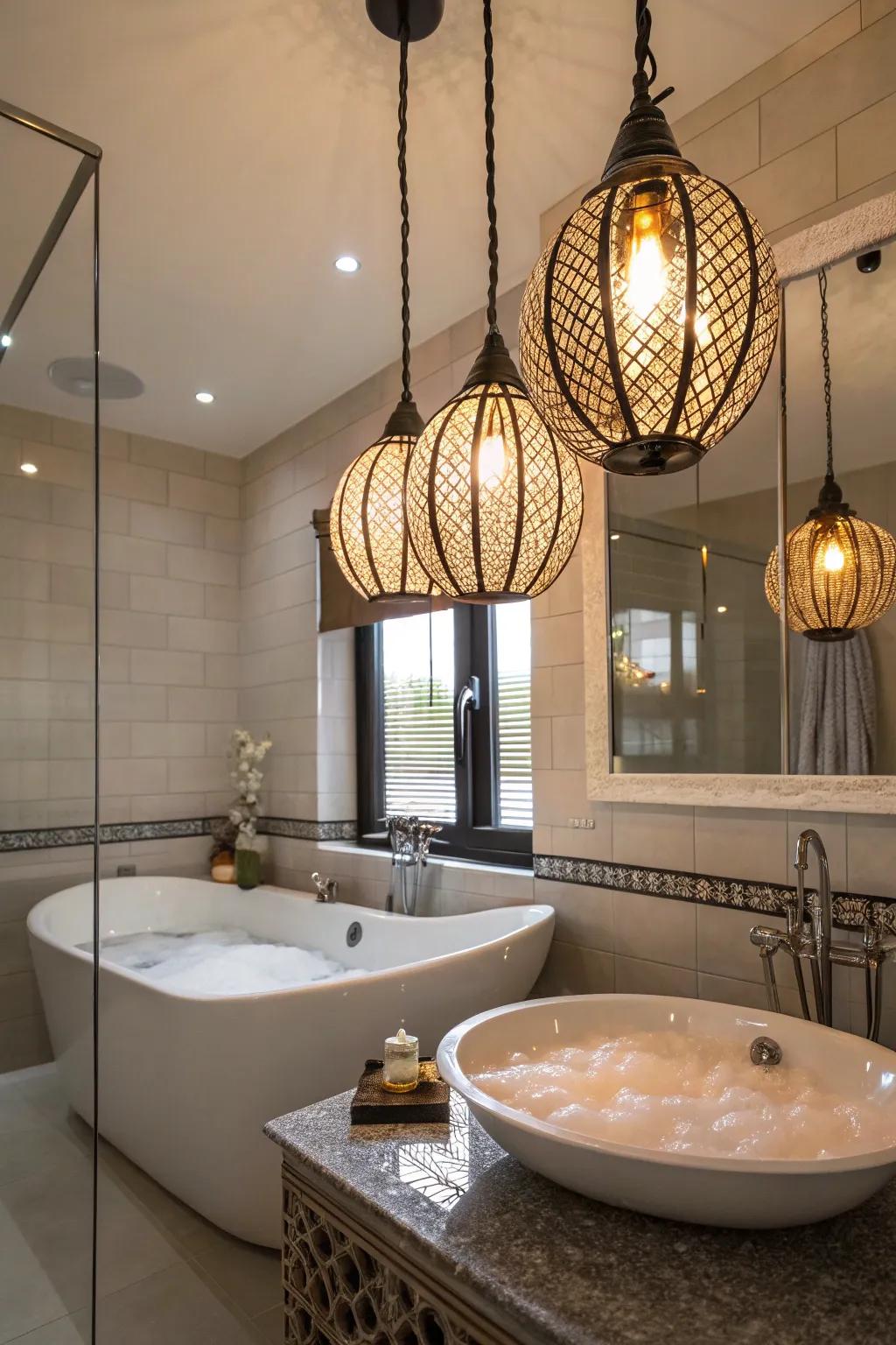 A bathroom featuring statement pendant lights for a touch of elegance.