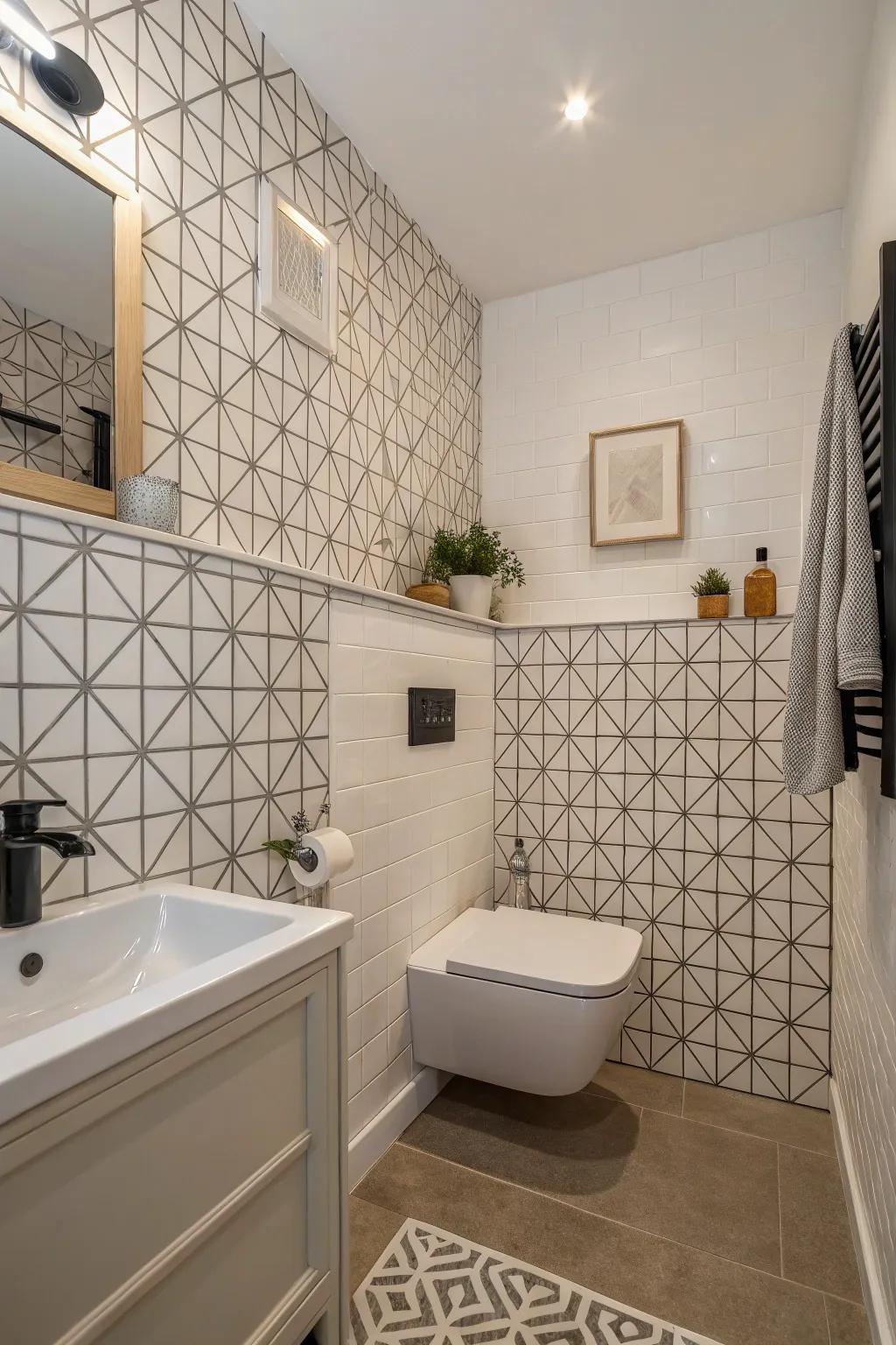 Geometric patterns introduce a contemporary twist to bathroom design.