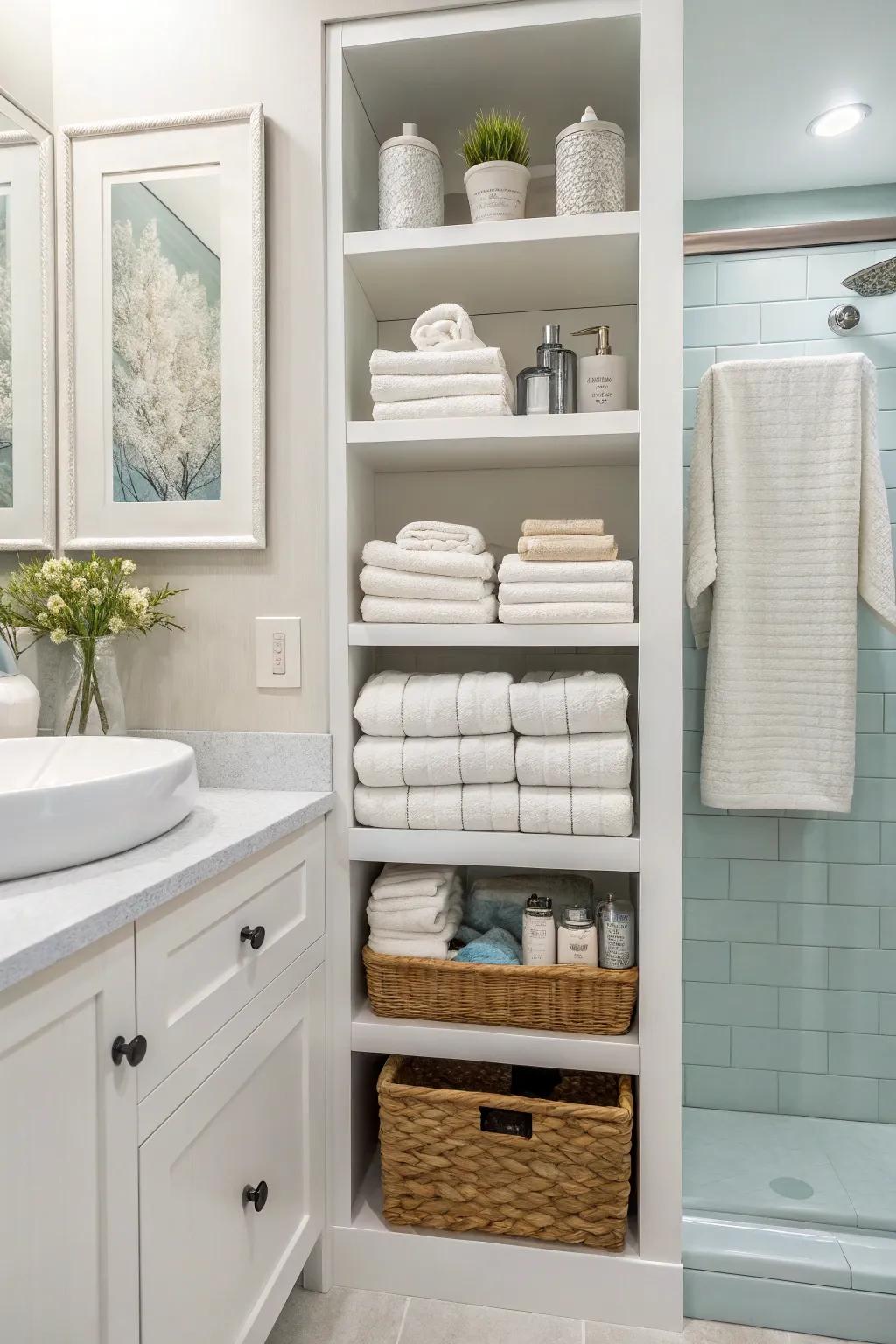 Recessed niches provide a streamlined and sophisticated towel storage solution.