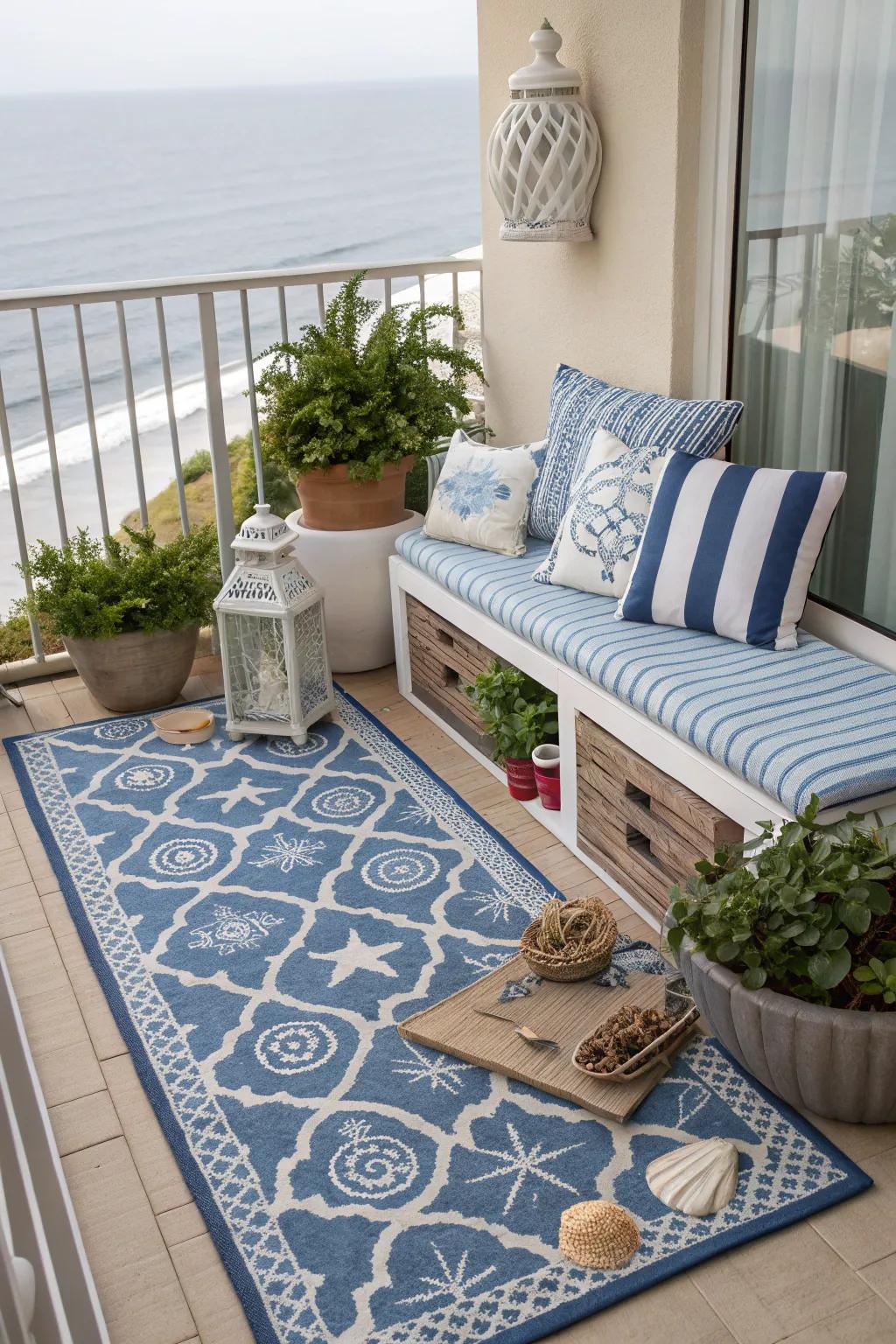 An outdoor rug can anchor your balcony design with style.