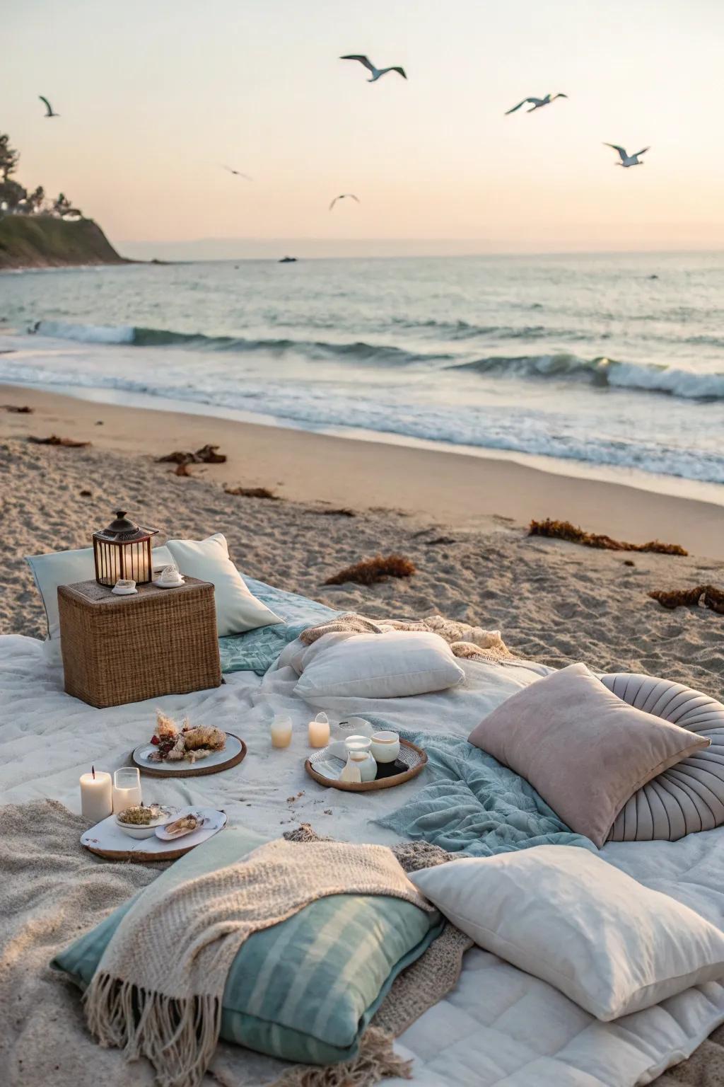 A comfortable beach picnic setup inviting guests to relax.