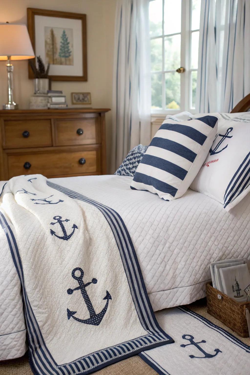 Nautical textiles bring a classic coastal feel to the room.