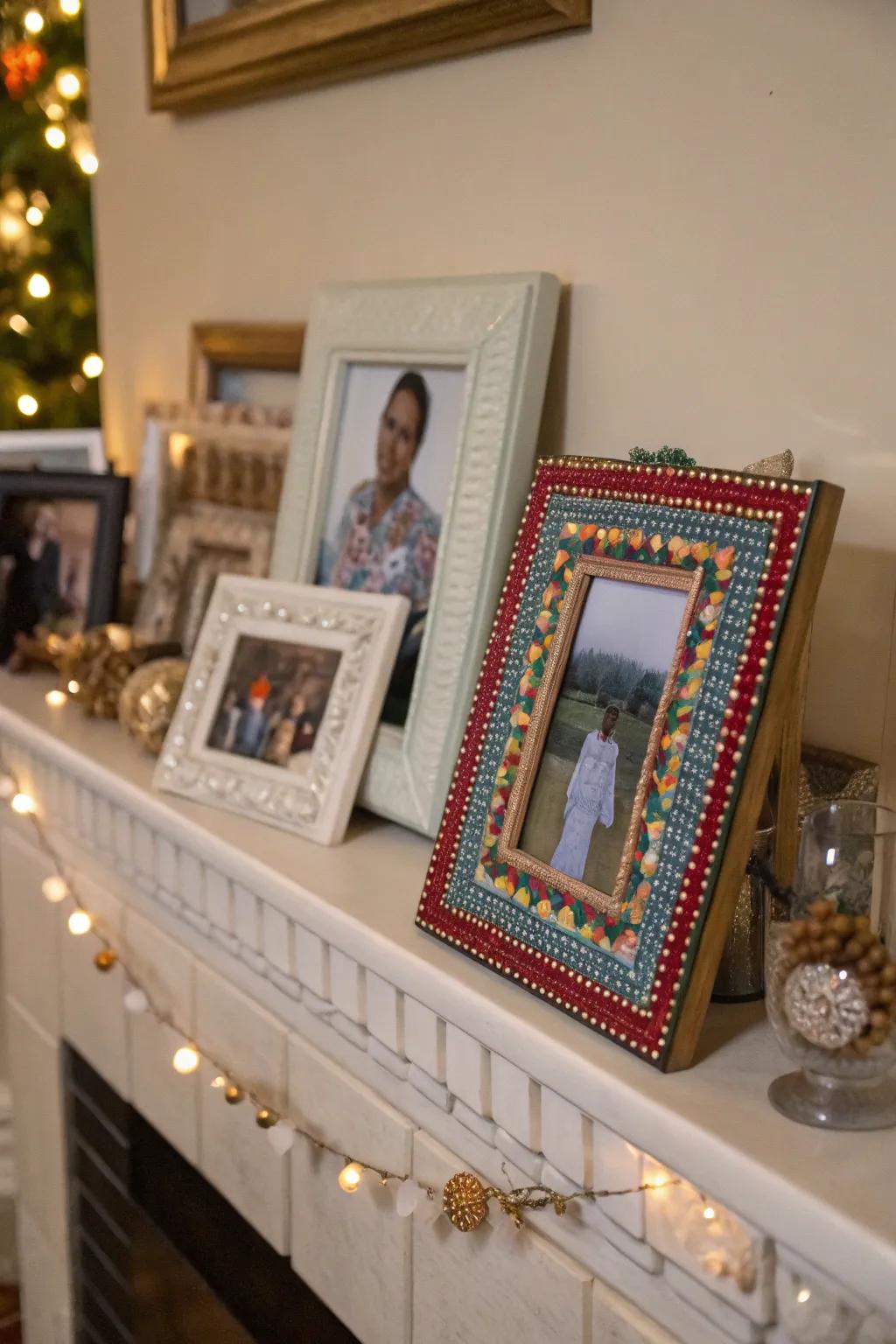 Beaded picture frames adding a personal touch to the mantelpiece.