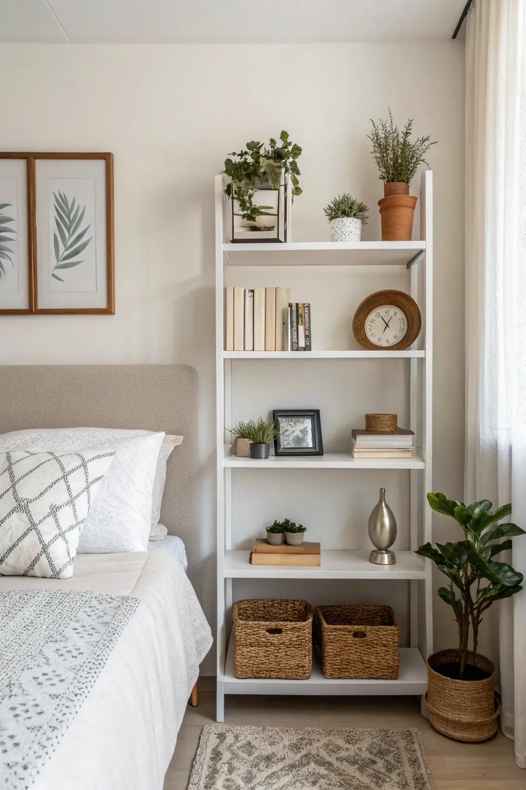 Sleek and functional bedroom with minimalist shelving backdrop.