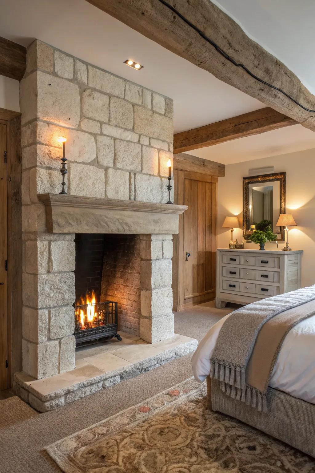 Create depth with mixed materials in your fireplace design.