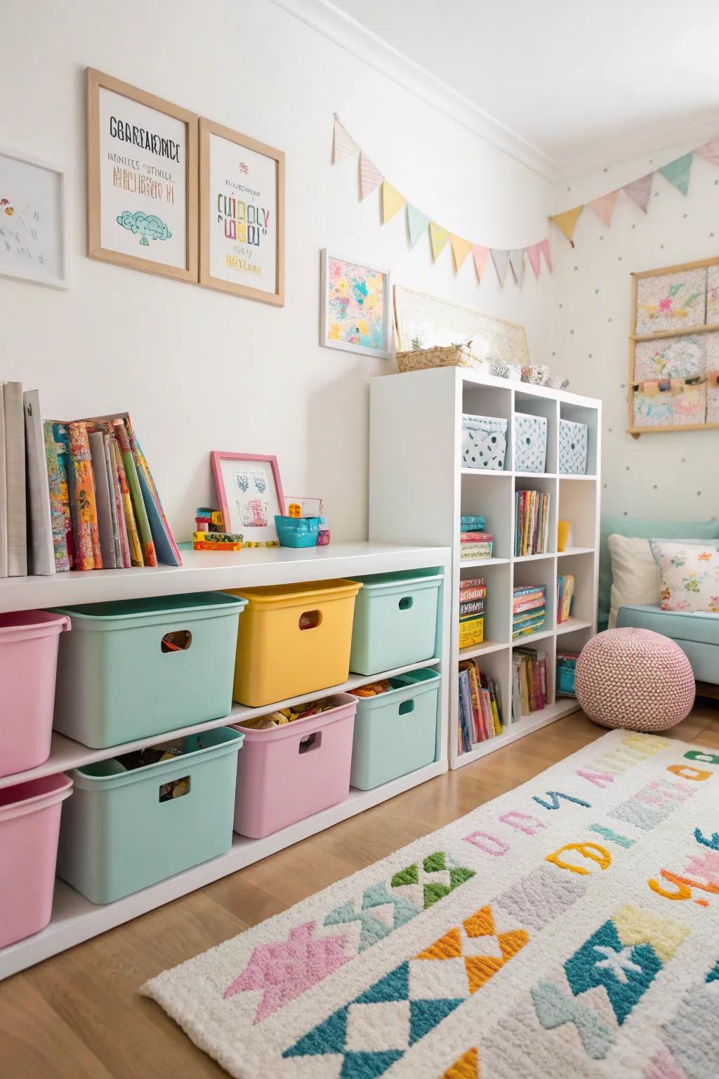 A toddler's bedroom with vibrant storage bins, adding color and keeping things tidy.