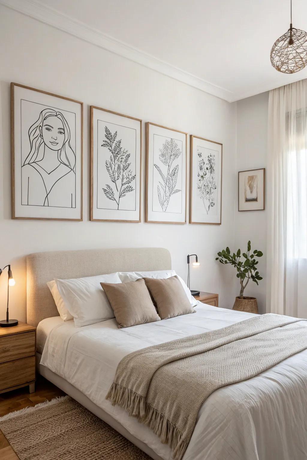 Minimalist prints offer elegance and simplicity to your bedroom design.