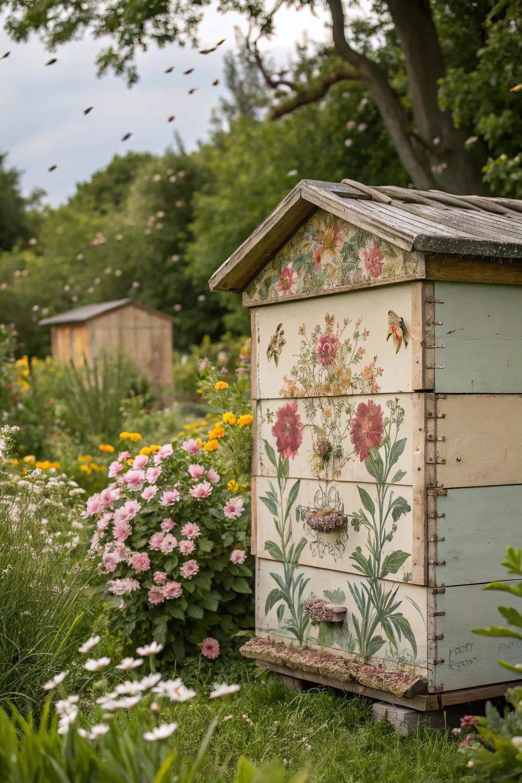 A vintage-themed bee hive with antique floral designs, offering a nostalgic touch.